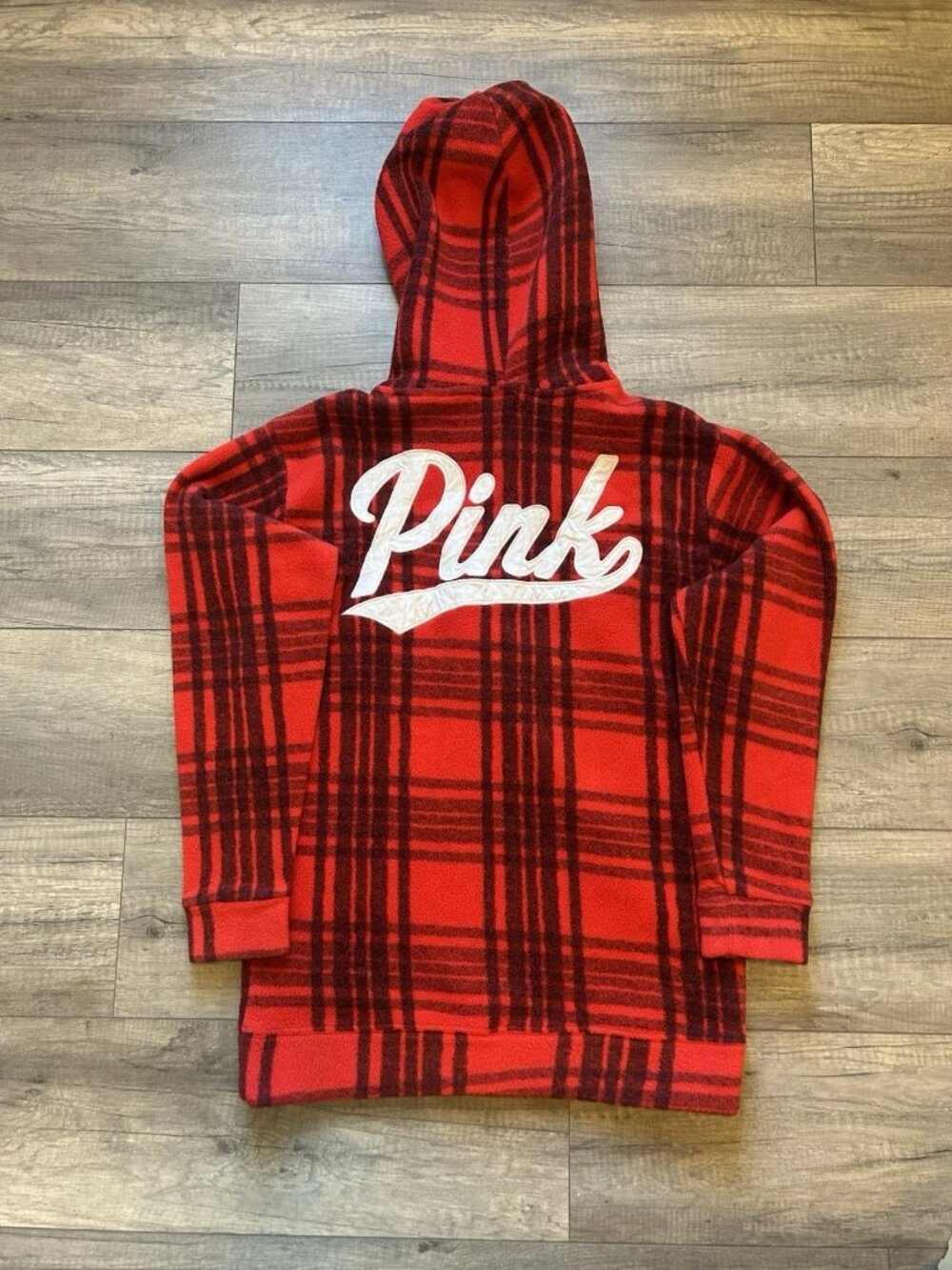 PINK Victoria's Secret Medium Polar Fleece Red Black Plaid Half-Zip Hoodie Gift - Picture 1 of 11